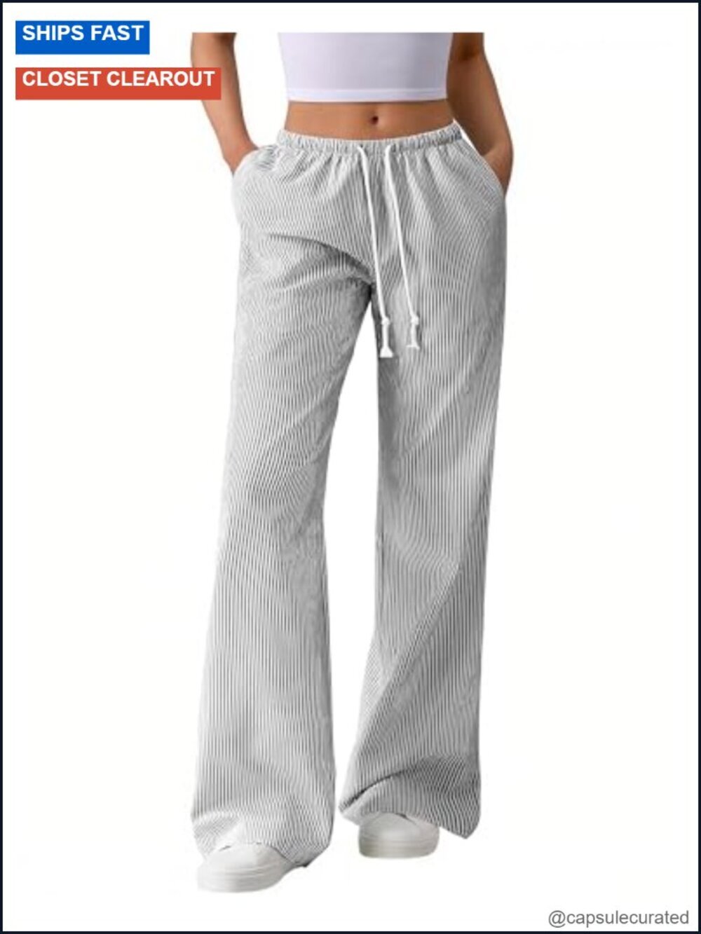 Striped Wide Leg Pants with Pockets Elastic Waist Drawstring Lounge